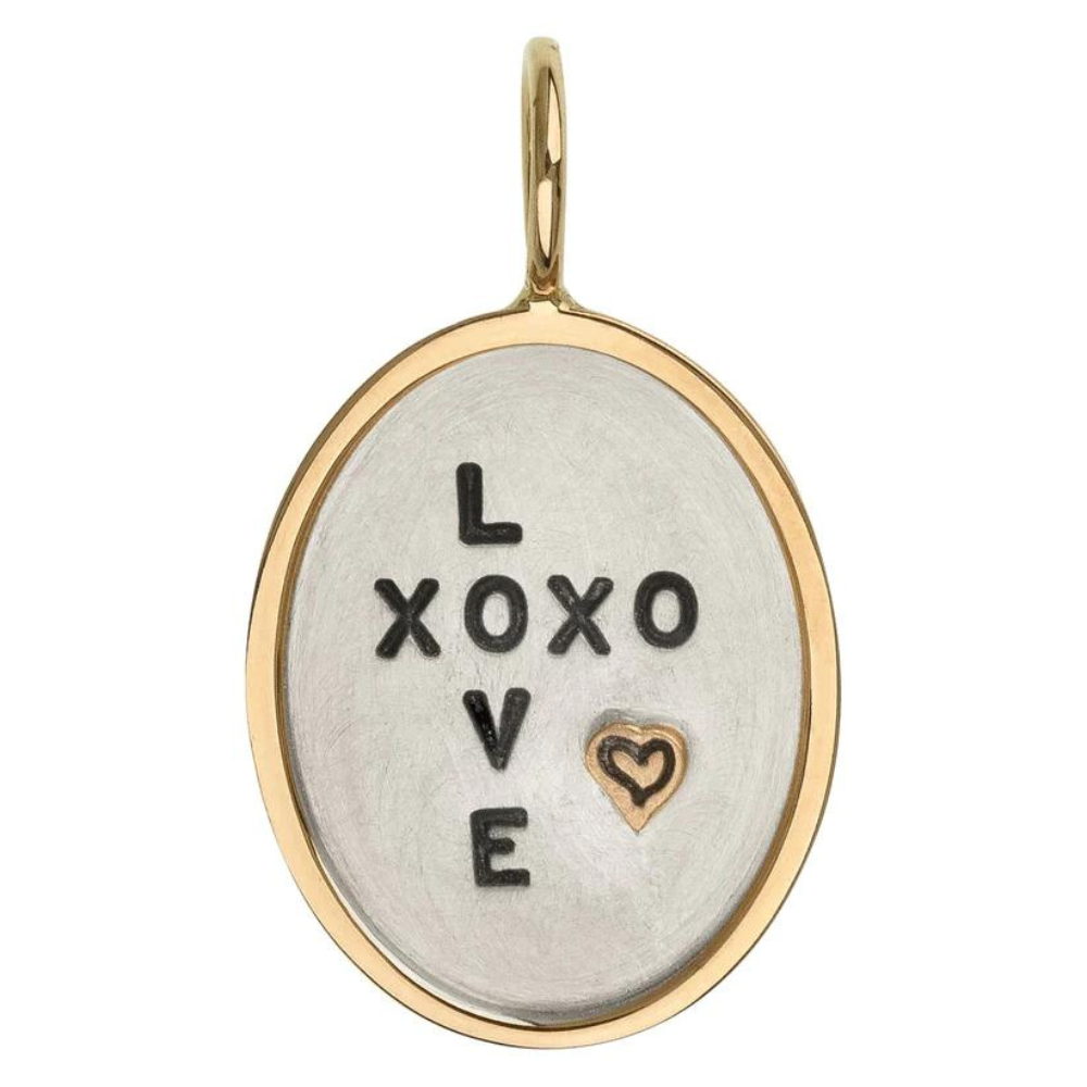 HEATHER B. MOORE 14K YELLOW GOLD FRAME SURROUNDING STERLING SILVER OVAL CHARM "XOXO LOVE"
