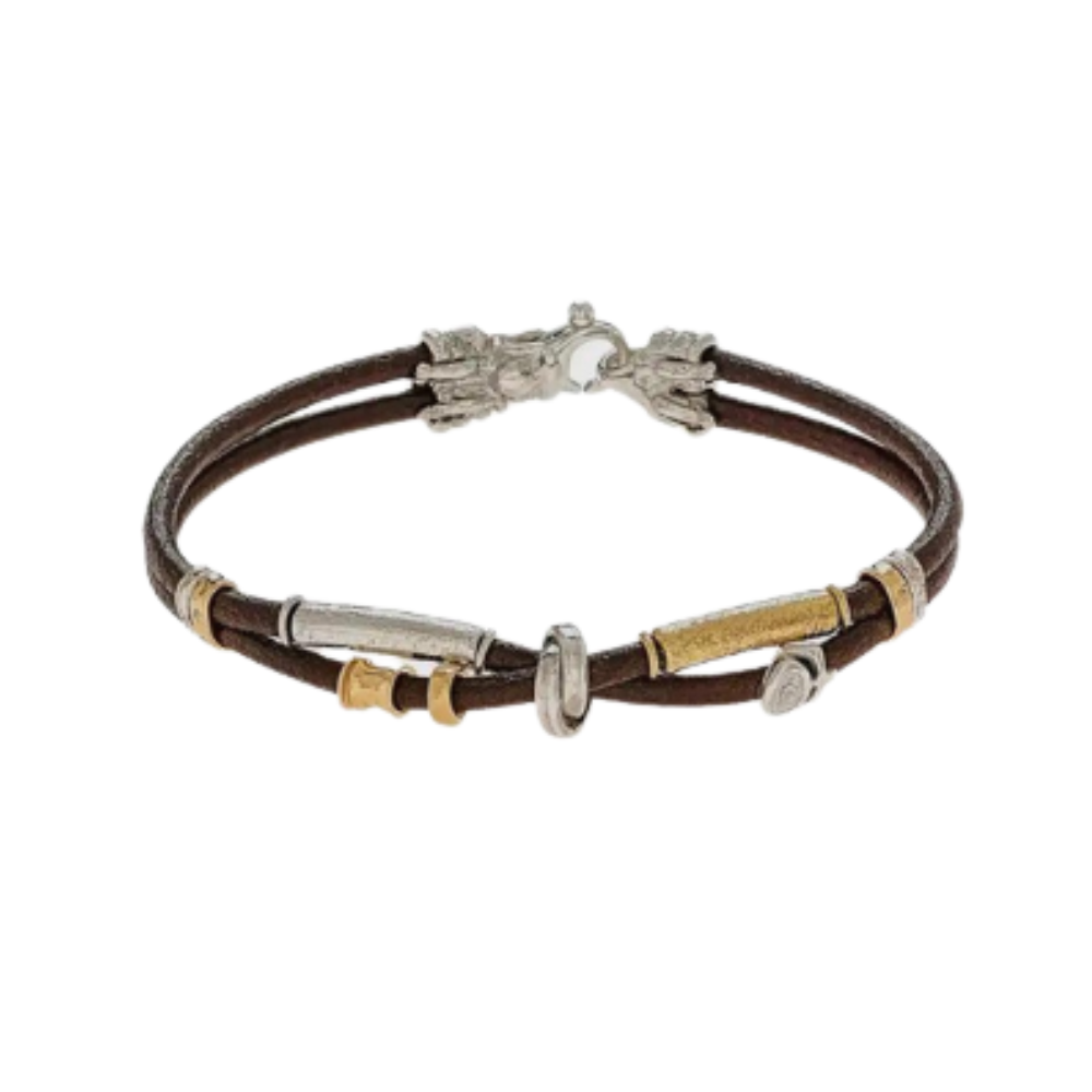MISANI 18K YELLOW GOLD AND STERLING SILVER HAND MADE ELEMENTS WITH LEATHER DOUBLE STRAND BRACELET