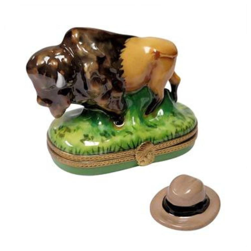 ROCHARD & LIMOGES STANDING BUFFALO LIMOGE BOX WITH COWBOY HAT