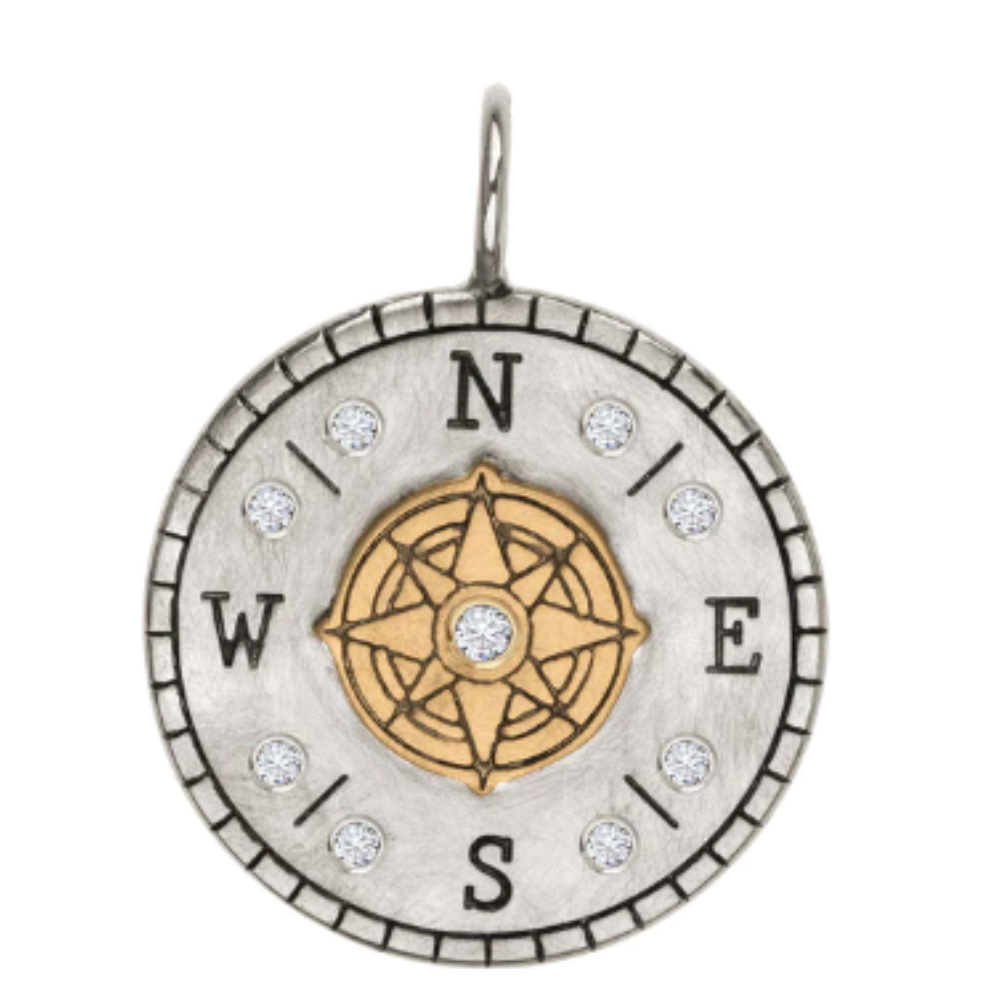 HEATHER B. MOORE SILVER COMPASS ROSE WITH DIAMONDS AND RAISED YELLOW GOLD CENTER
