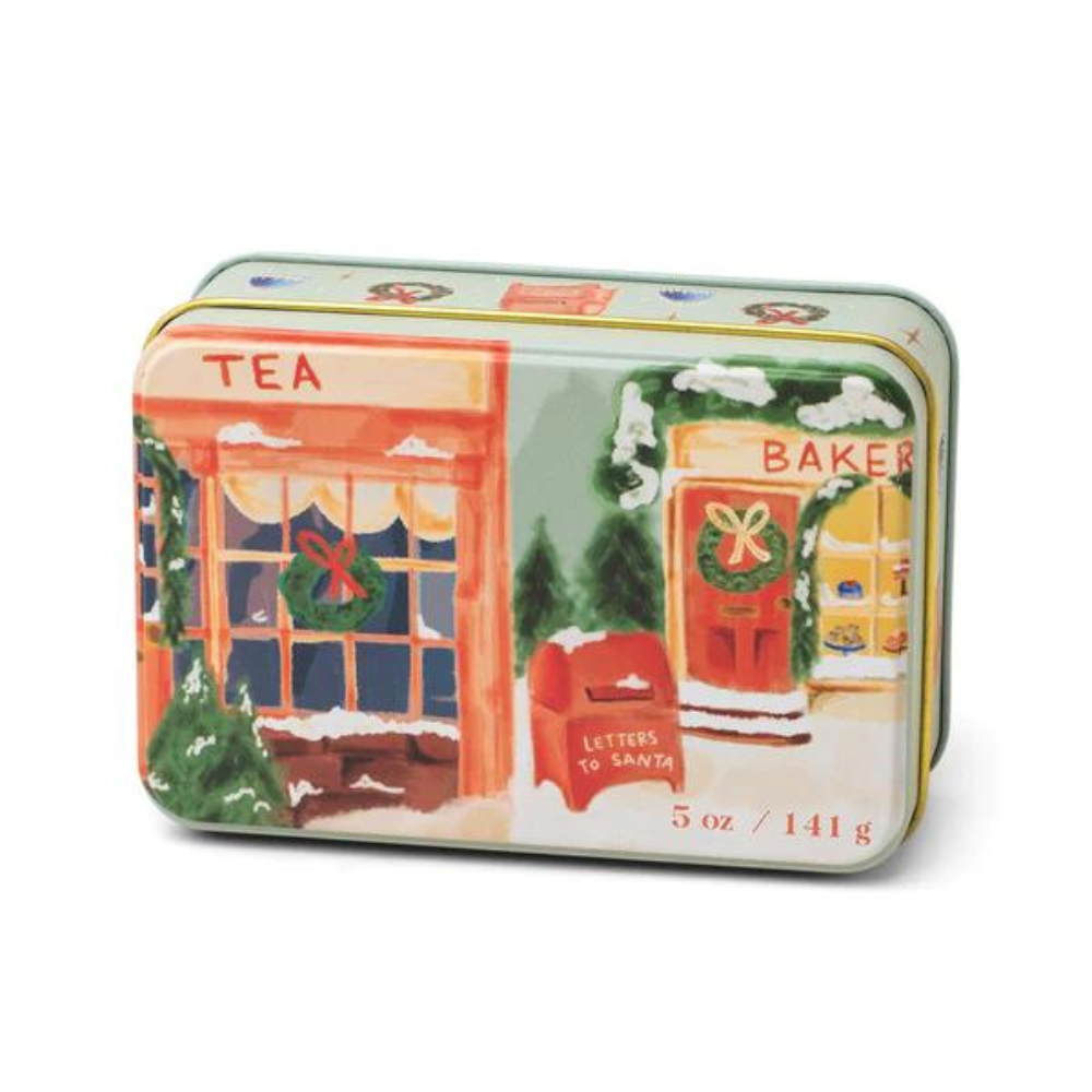 PADDYWAX SWEET ORANGE AND FIR CHRISTMAS PRINTED TIN WITH STOREFRONT SCENE