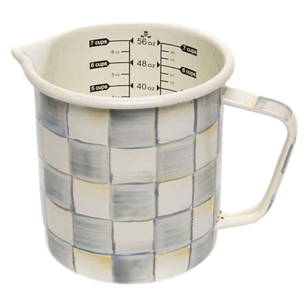 MACKENZIE CHILDS STERLING CHECK ENAMEL MEASURING CUP