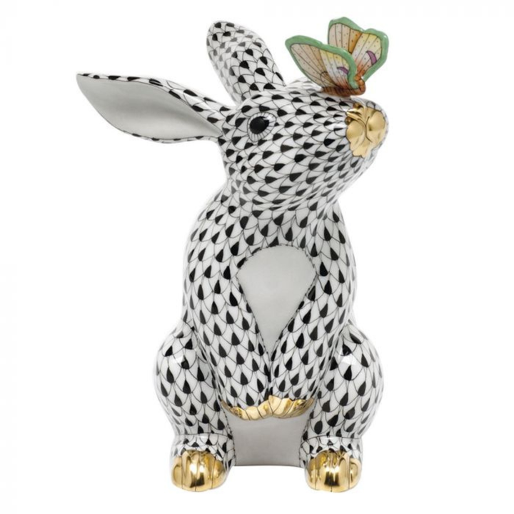 HEREND Bunny With Butterfly BLACK