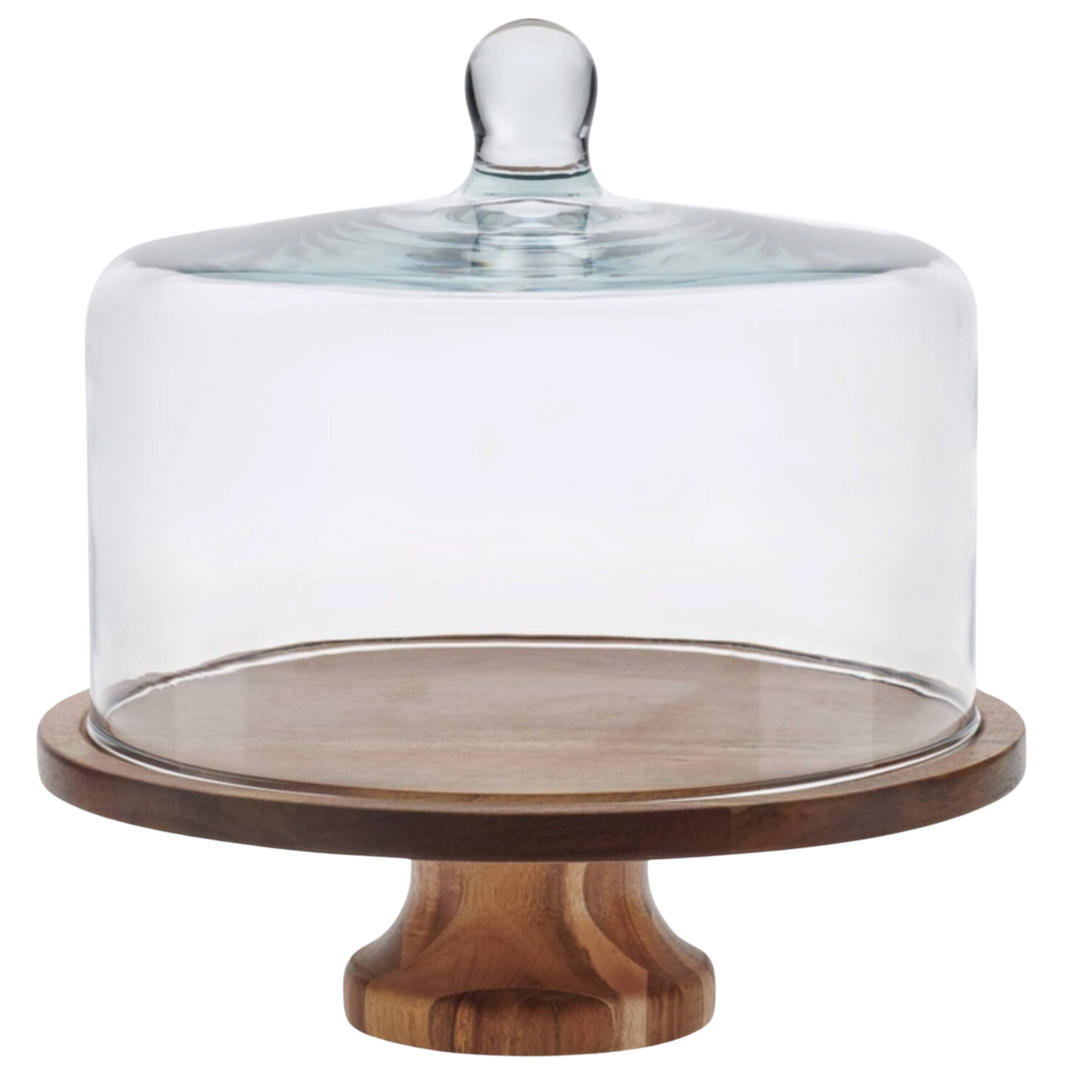 LIBBEY Acacia Wood Footed Cake Stand and Glass Dome