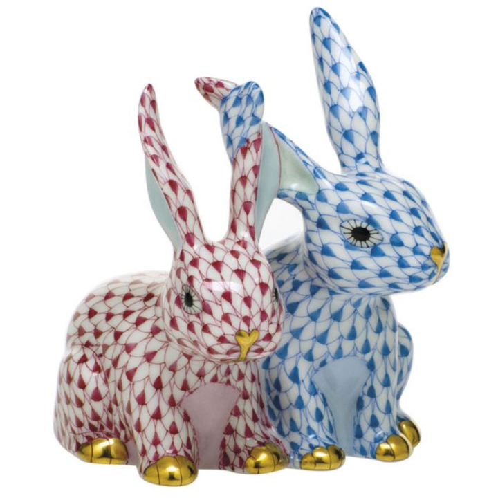HEREND 24K GOLD PAINTED ACCENT TWISTED BUNNIES BLUE RASPBERRY