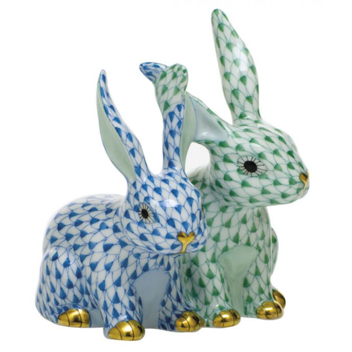 HEREND 24K GOLD PAINTED ACCENT TWISTED BUNNIES GREEN BLUE