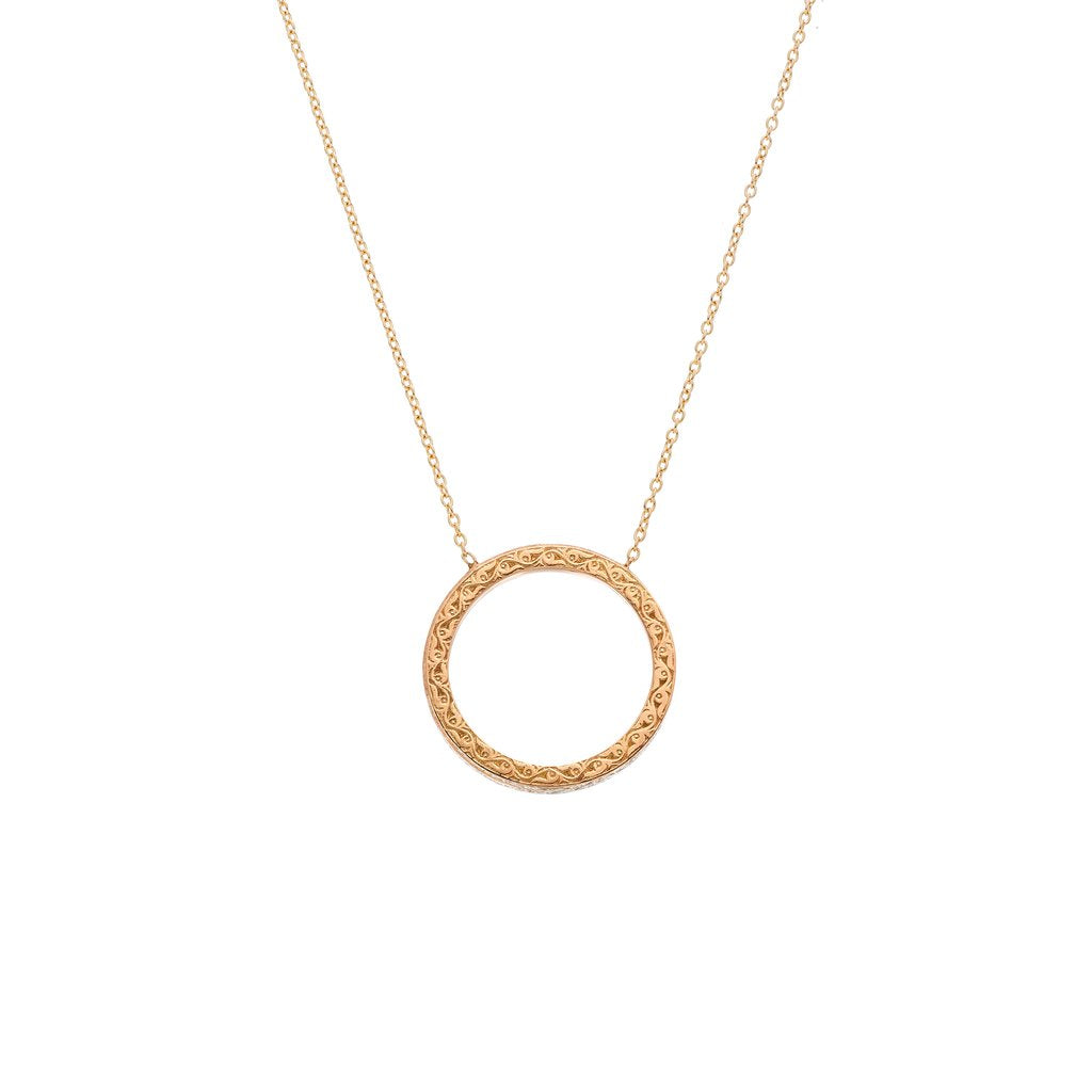 SETHI COUTURE COUTURE WHITE DIAMOND CIRCLE BRUSHED GOLD NECKLACE IN PINK GOLD 16"