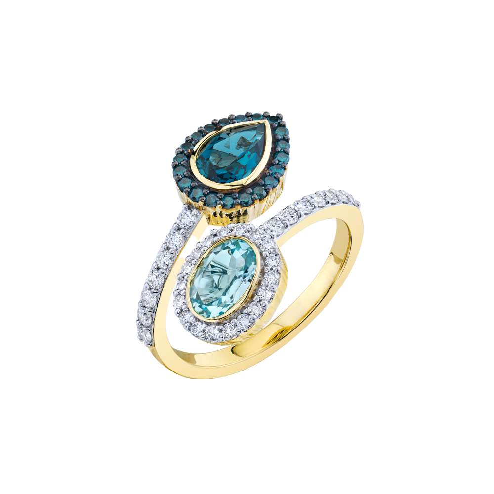 SLOANE STREET 18K YELLOW GOLD BYPASS RING WITH DIAMONDS AND TOPAZ