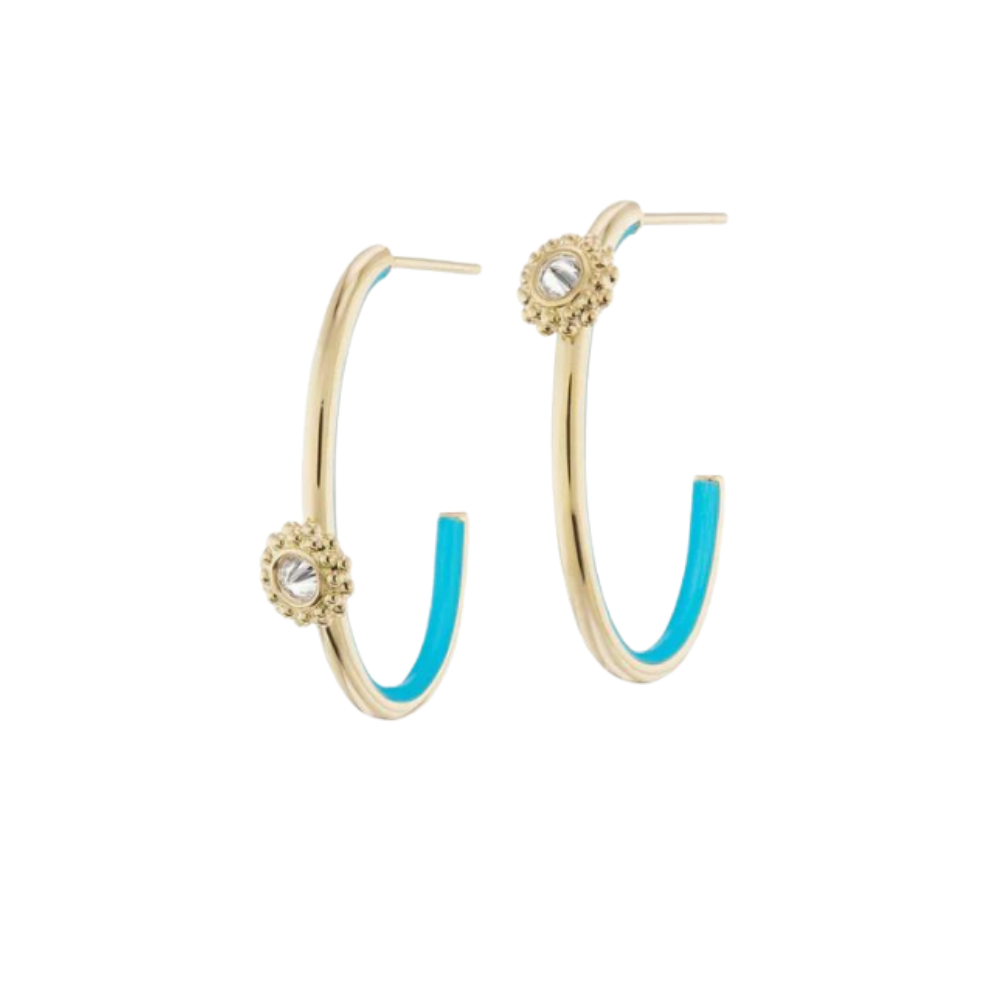 ANA-KATARINA DESIGNS 18K YELLOW GOLD WATER HOOP EARRINGS WITH DIAMONDS &amp; BLUE ENAMEL