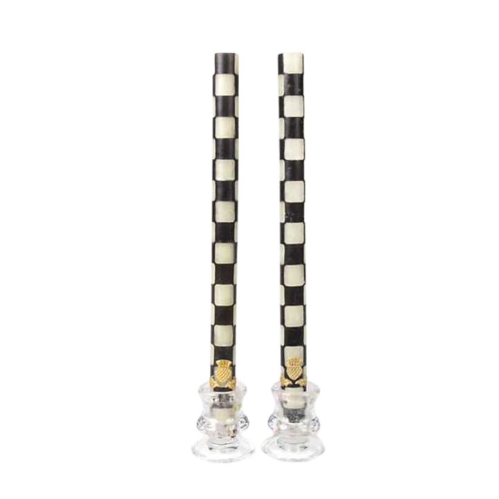 MACKENZIE CHILDS COURTLY CHECK DINNER CANDLE BLACK AND IVORY SET/2