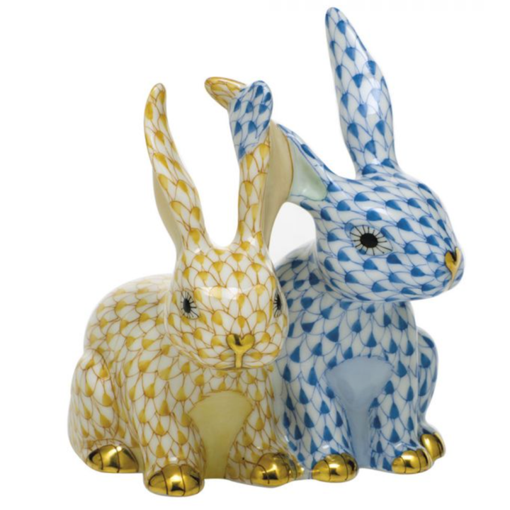 HEREND 24K GOLD PAINTED ACCENT TWISTED BUNNIES BLUE BUTTERSCOTCH