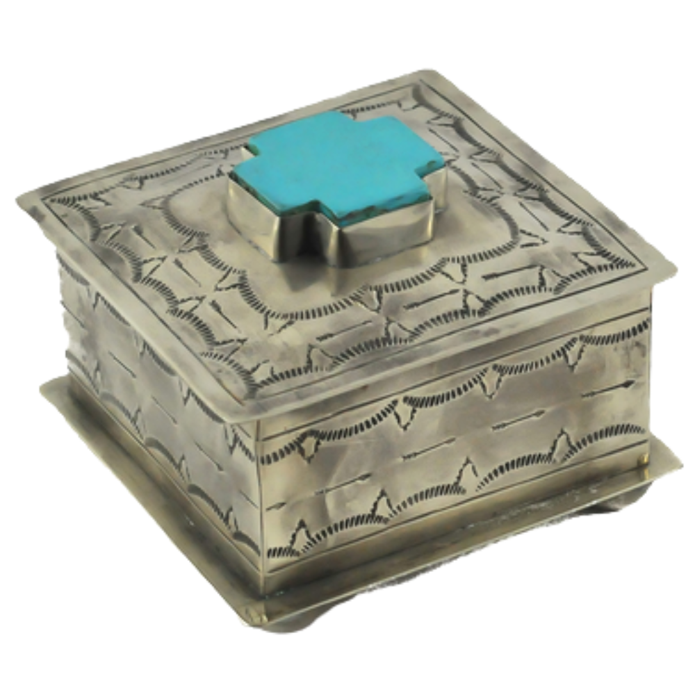 J. ALEXANDER RUSTIC SILVER J. ALEXANDER SMALL STAMPED BOX WITH TURQUOISE CROSS