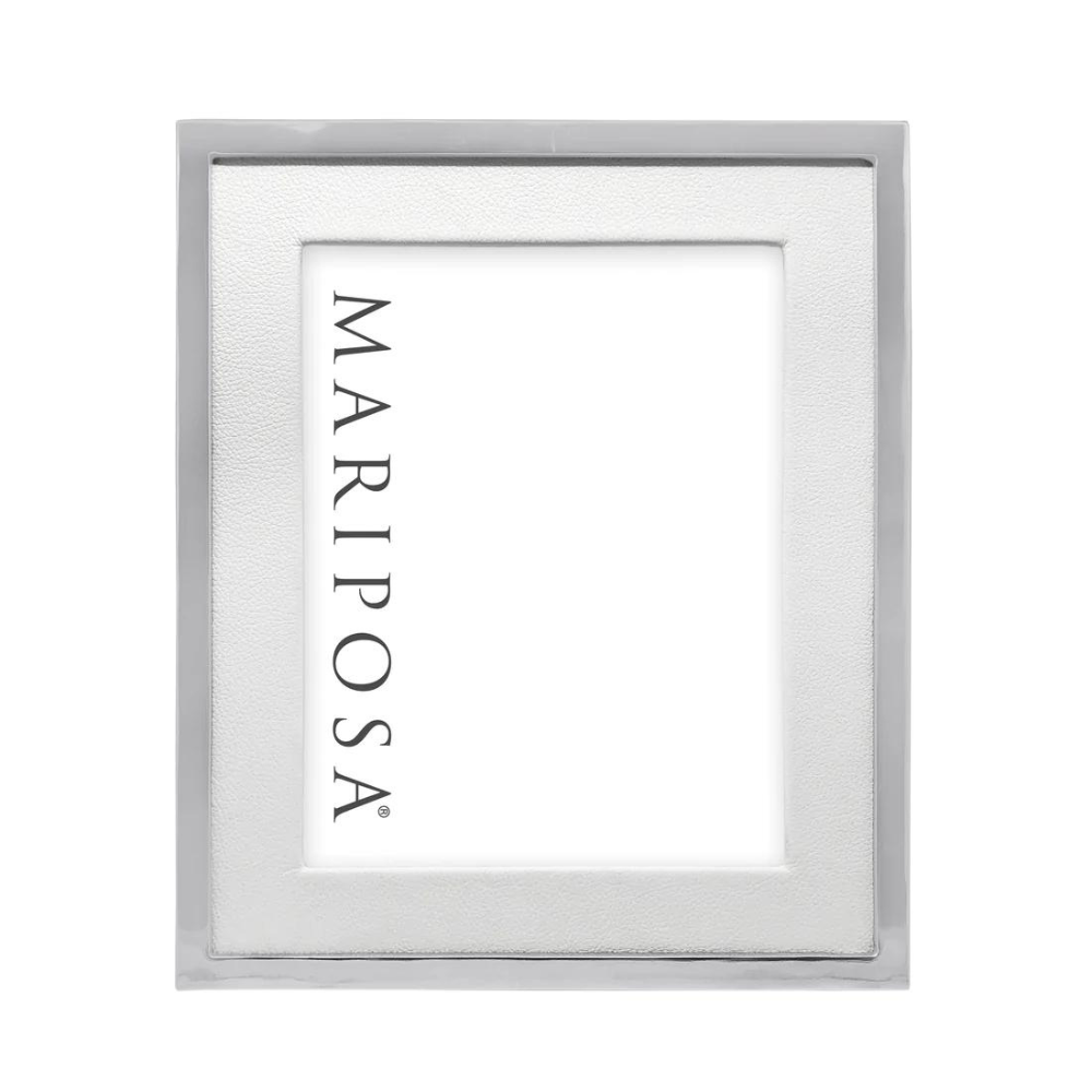 MARIPOSA WHITE LEATHER PICTURE FRAME WITH METAL BORDER 8X10