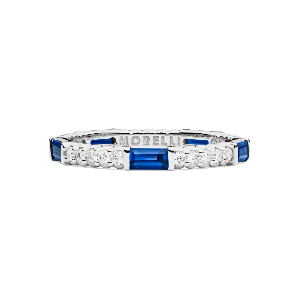PAUL MORELLI 18K WHITE GOLD RING WITH BLUE SAPPHIRE AND DIAMOND BAGUETTES
