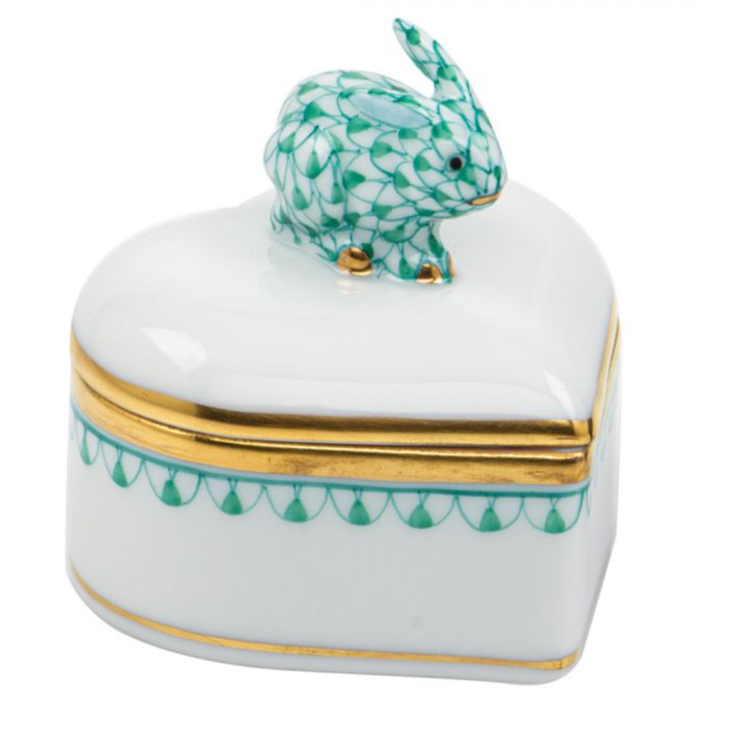 HEREND Heart Box With Bunny GREEN